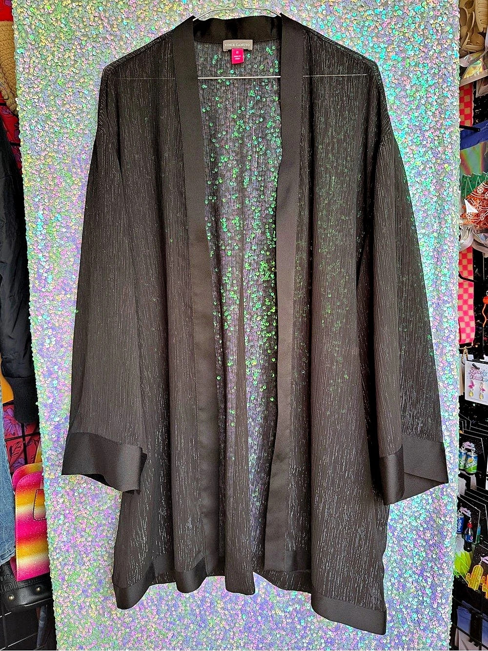 Vince Camuto Black & Silver Metallic Chiffon Open Kimono Duster